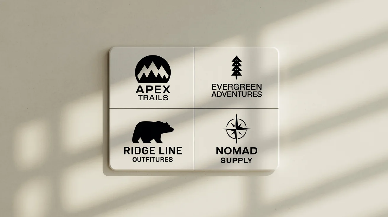 A showcase of four professionally designed outdoor logos for fictional brands, featuring mountains, a pine tree, a bear, and a compass, presented in a clean grid layout.