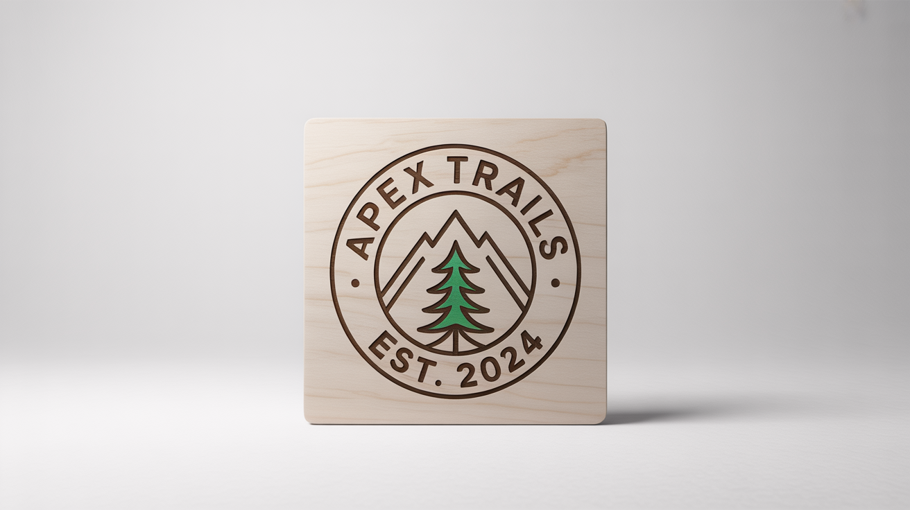 A mockup of an outdoor adventure logo for a brand called 'Apex Trails', showing a mountain and pine tree emblem engraved on a piece of wood against a white background.