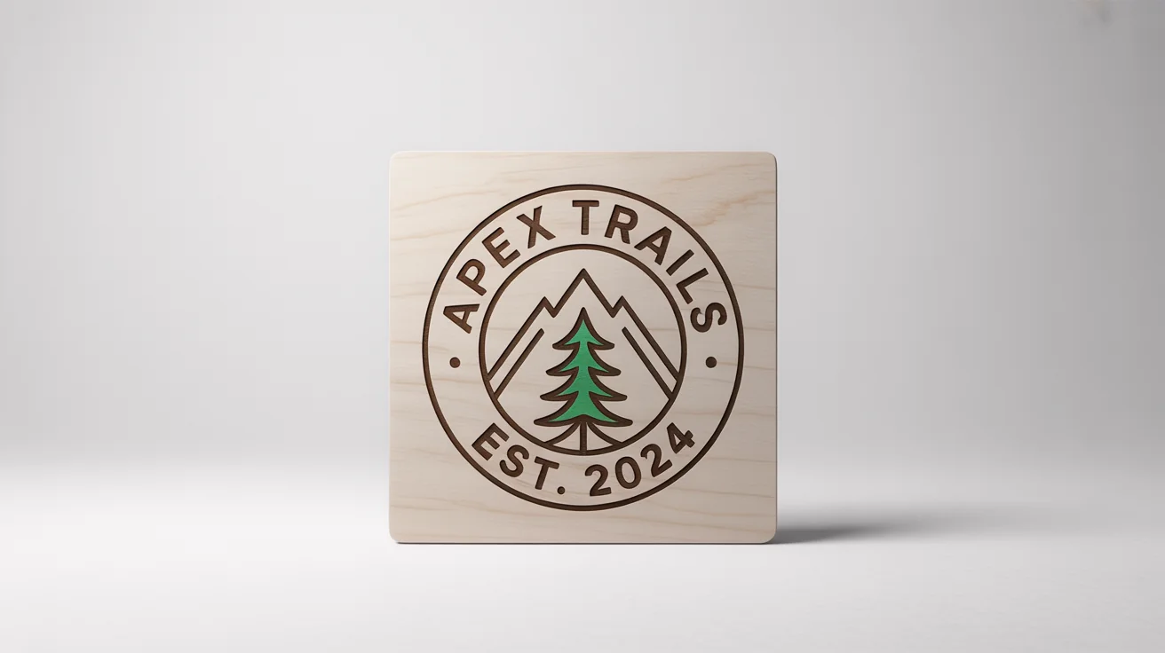 A mockup of an outdoor adventure logo for a brand called 'Apex Trails', showing a mountain and pine tree emblem engraved on a piece of wood against a white background.