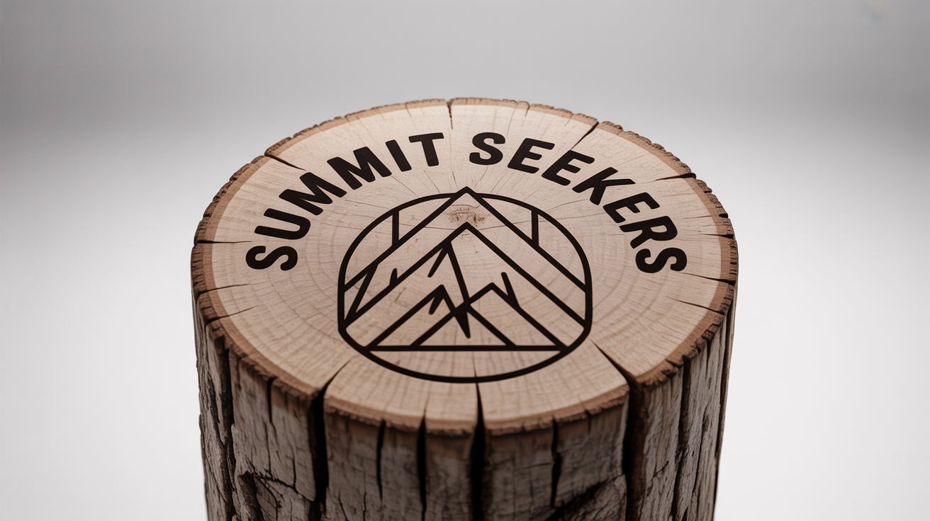 A photorealistic mockup of a rustic, circular wooden sign with an engraved logo for an outdoor brand called 'Summit Seekers', shown against a clean white background.