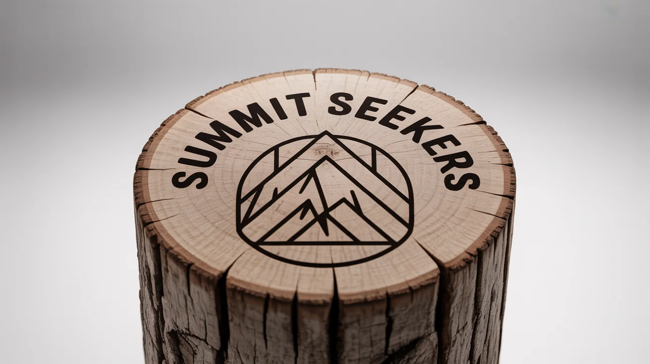 A photorealistic mockup of a rustic, circular wooden sign with an engraved logo for an outdoor brand called 'Summit Seekers', shown against a clean white background.
