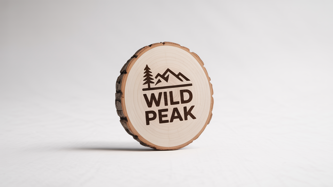 A mockup of an outdoor logo for the brand 'Wild Peak' laser-engraved onto a circular slice of wood, shown against a clean white background.
