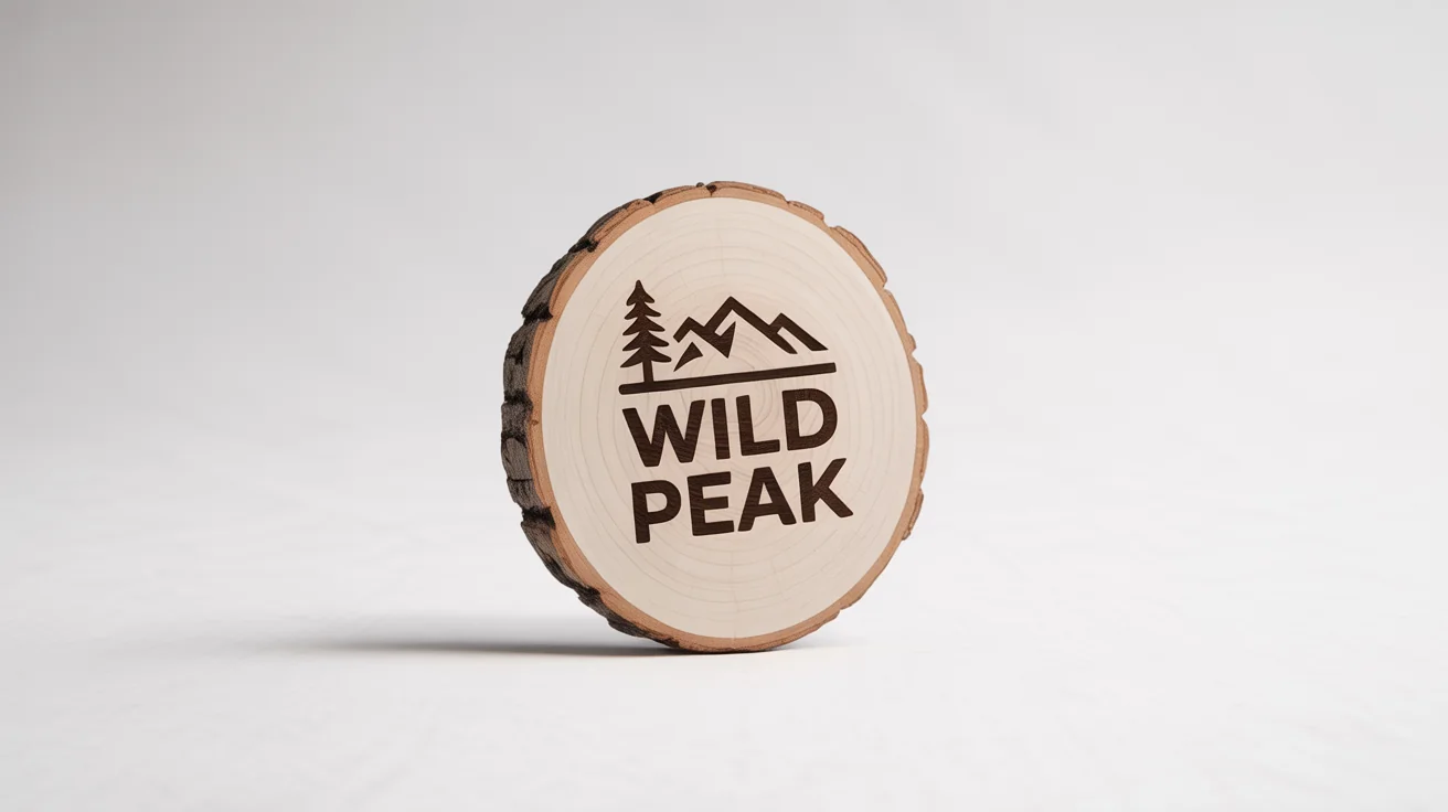 A mockup of an outdoor logo for the brand 'Wild Peak' laser-engraved onto a circular slice of wood, shown against a clean white background.