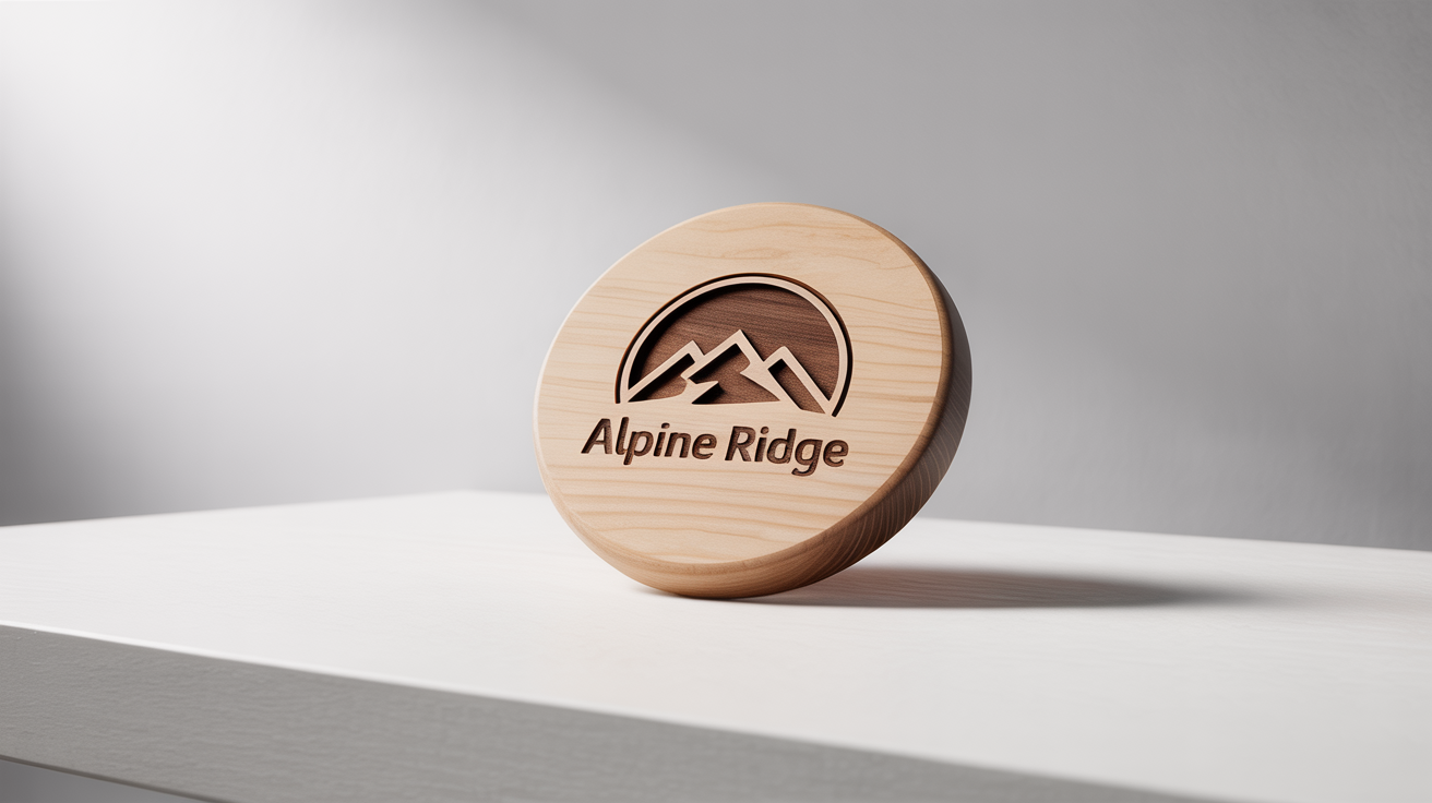 A photorealistic mockup of an outdoor logo for 'Alpine Ridge', featuring a mountain range engraved onto a circular wooden plaque, set against a plain white background.