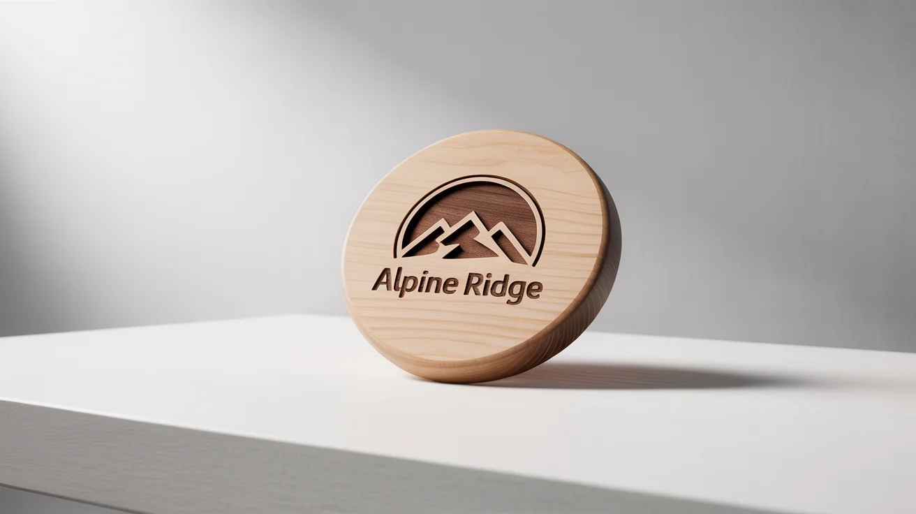 A photorealistic mockup of an outdoor logo for 'Alpine Ridge', featuring a mountain range engraved onto a circular wooden plaque, set against a plain white background.