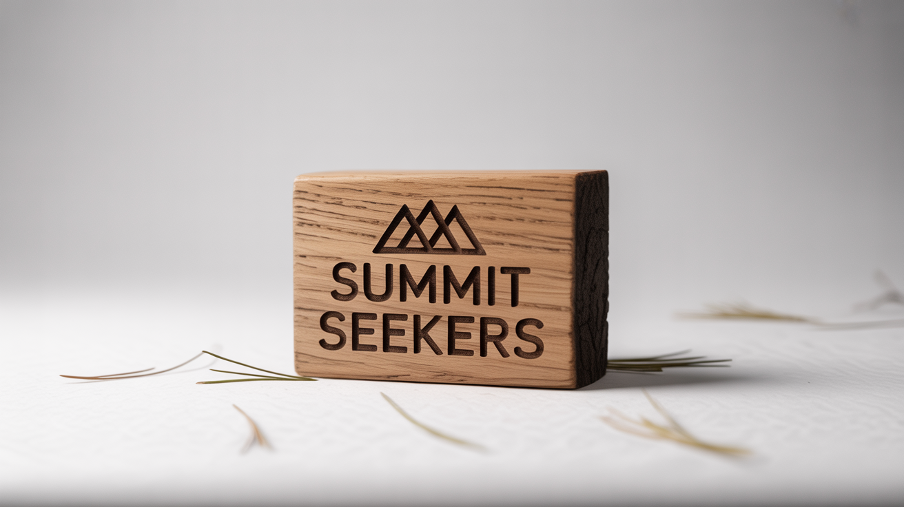A photorealistic mockup of an outdoor brand logo for 'Summit Seekers', laser-engraved onto a rustic oak wood block against a clean white background.