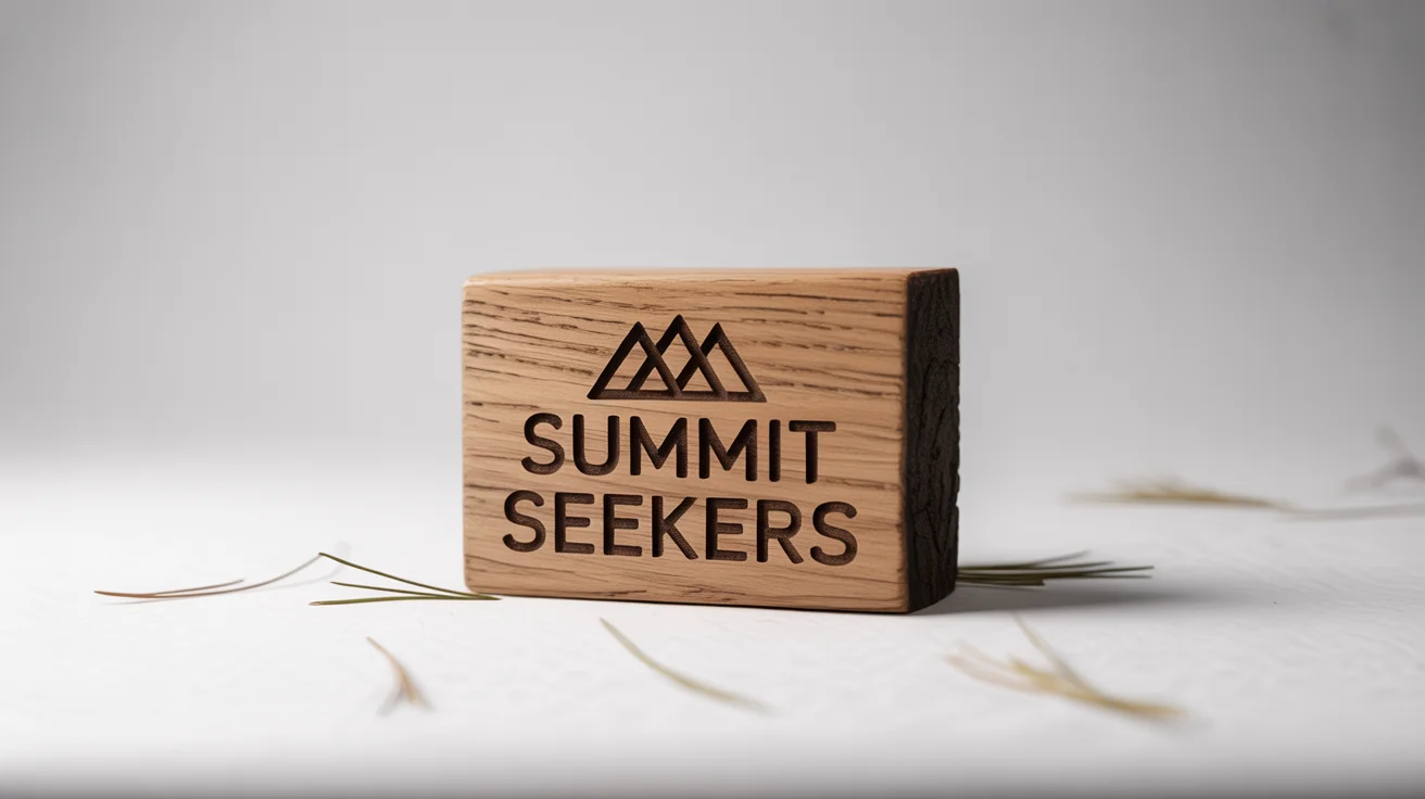A photorealistic mockup of an outdoor brand logo for 'Summit Seekers', laser-engraved onto a rustic oak wood block against a clean white background.