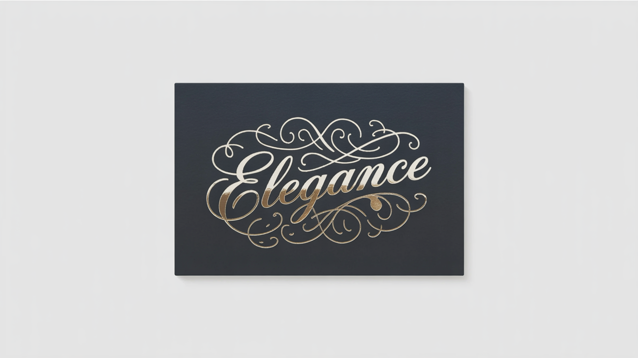 A close-up photograph of a luxurious gold foil stamp design on a navy blue card, featuring the word 'ELEGANCE' and elegant swirling patterns.