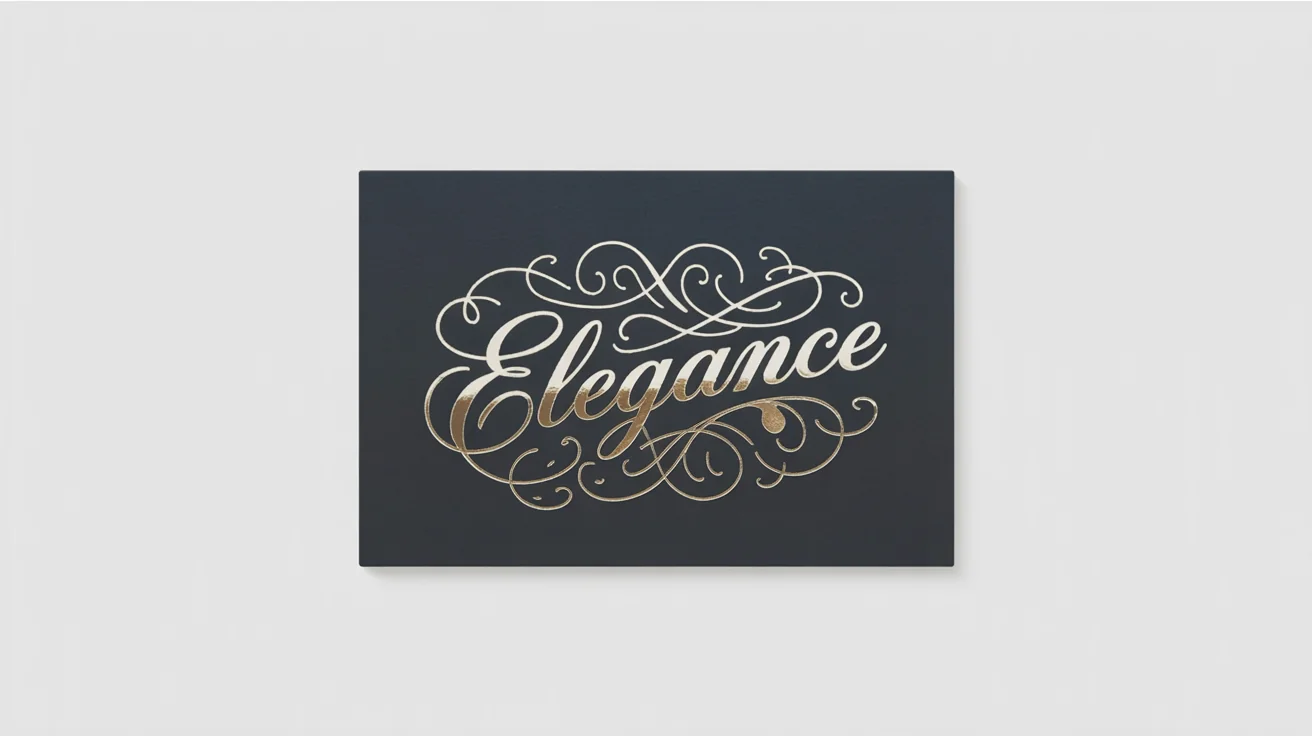 A close-up photograph of a luxurious gold foil stamp design on a navy blue card, featuring the word 'ELEGANCE' and elegant swirling patterns.