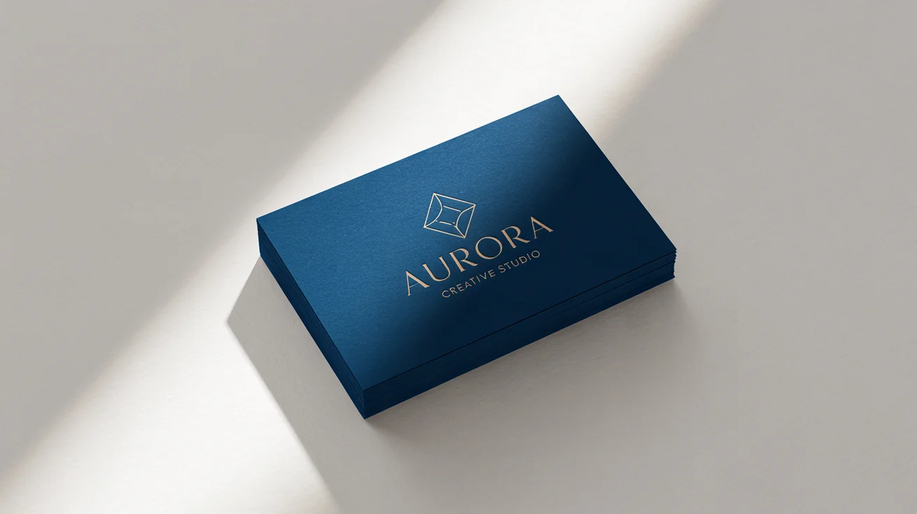 A close-up shot of a luxurious navy blue business card with the brand name 'AURORA' stamped in shiny, debossed gold foil, set against a clean white background.
