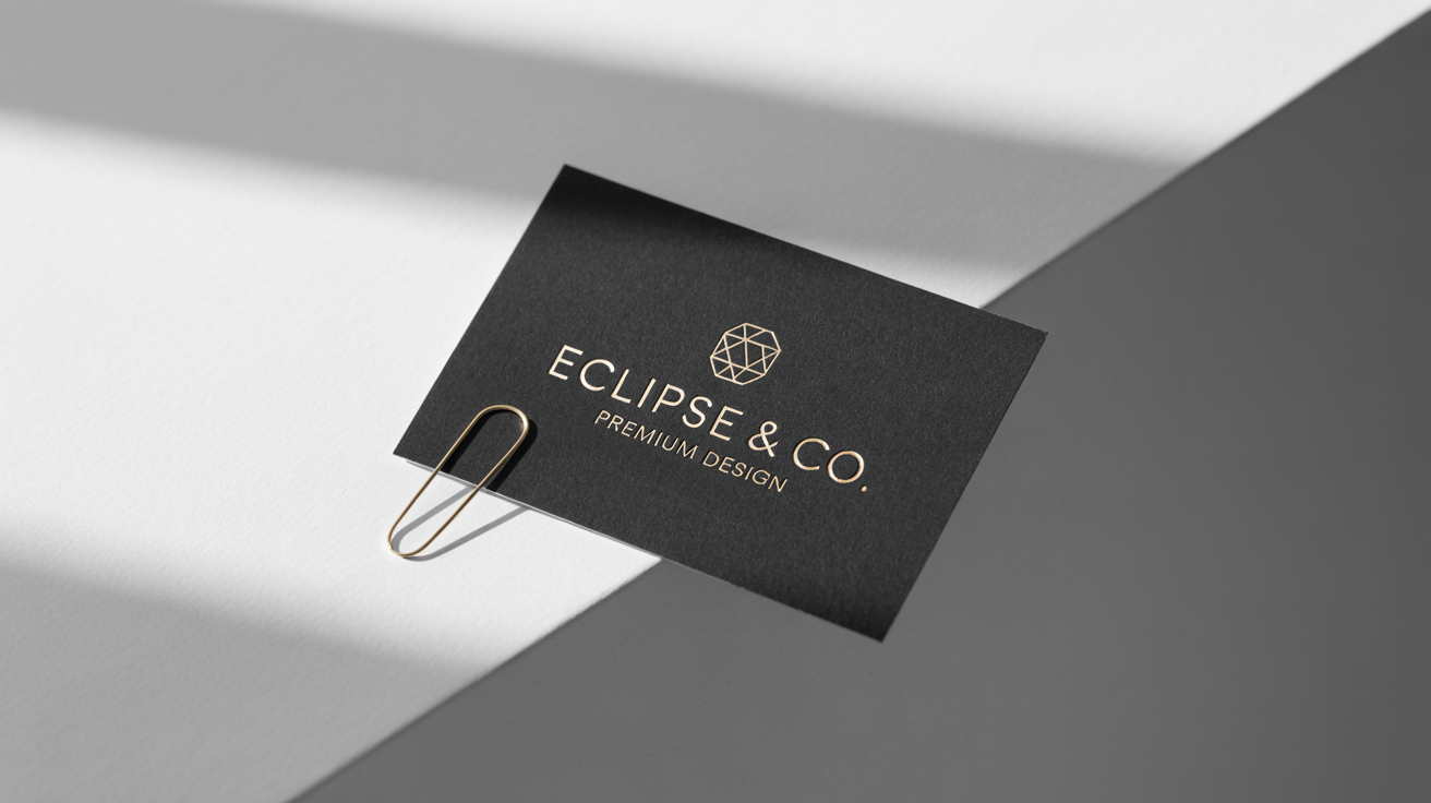 A photorealistic close-up of a premium black business card mockup showcasing a gold foil stamp effect. The words 'ECLIPSE & Co.' are stamped in shiny gold on the matte black card, which is angled on a clean white background.
