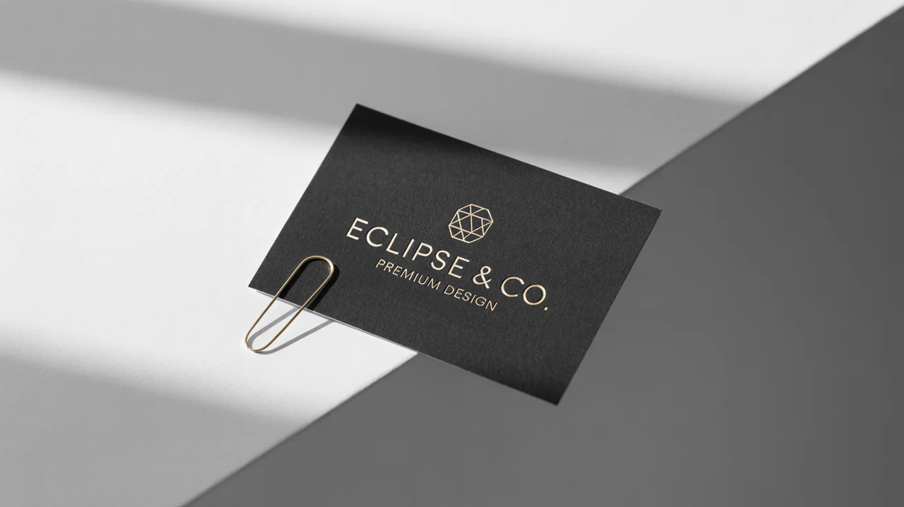 A photorealistic close-up of a premium black business card mockup showcasing a gold foil stamp effect. The words 'ECLIPSE & Co.' are stamped in shiny gold on the matte black card, which is angled on a clean white background.