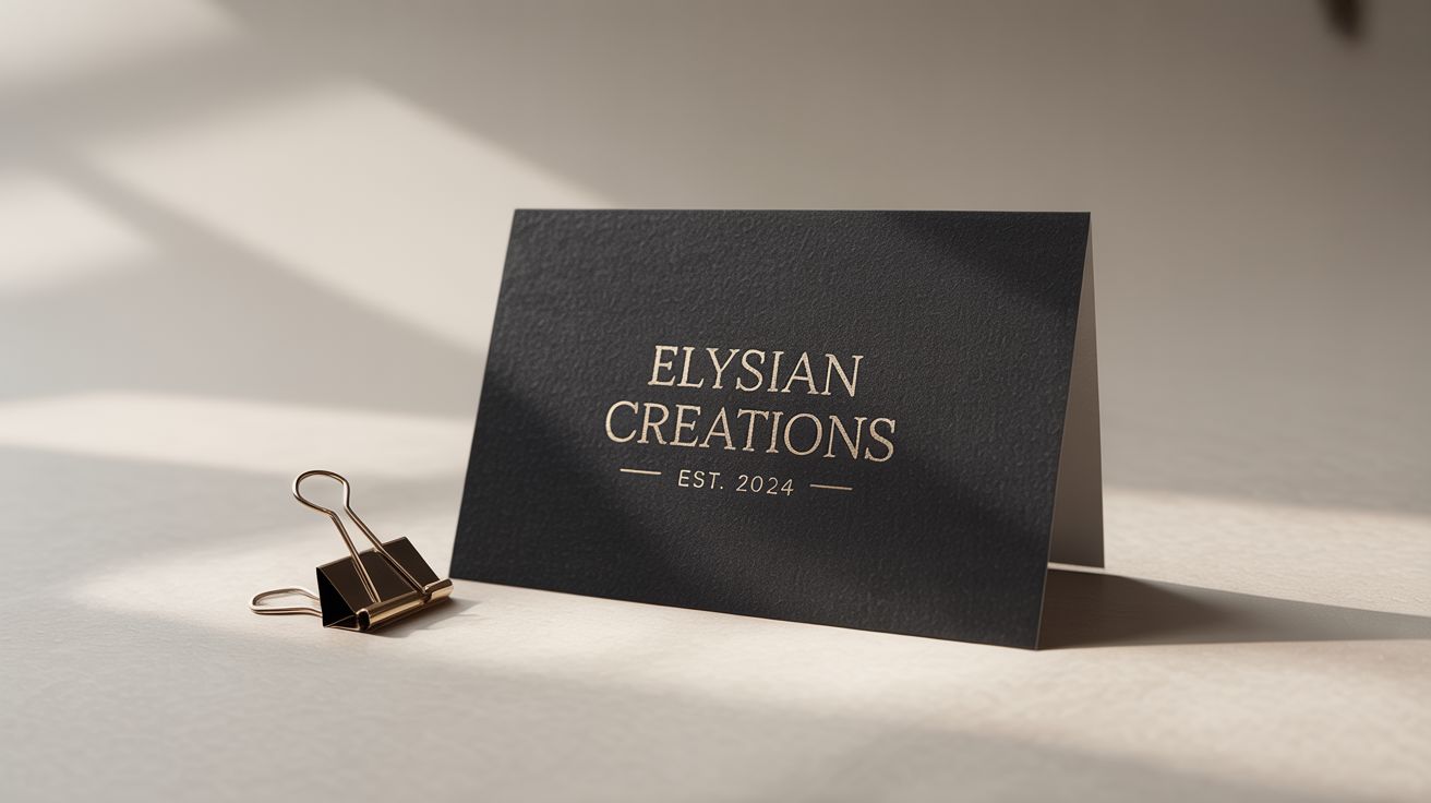 A close-up photo of a luxurious black business card with 'ELYSIAN CREATIONS' printed in shiny, debossed gold foil, set against a plain white background.