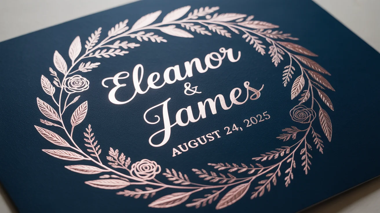 A close-up photorealistic mockup of a navy blue invitation card featuring a rose gold foil stamp with the names 'Eleanor & James' and a date, set against a clean white background.