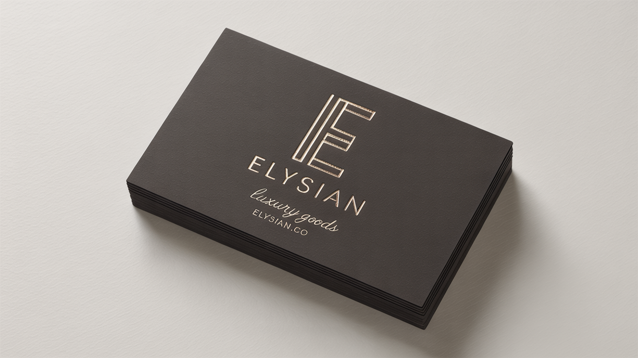 A close-up photograph of a premium charcoal business card featuring a logo and text stamped in shimmering, debossed gold foil, set against a clean white background.