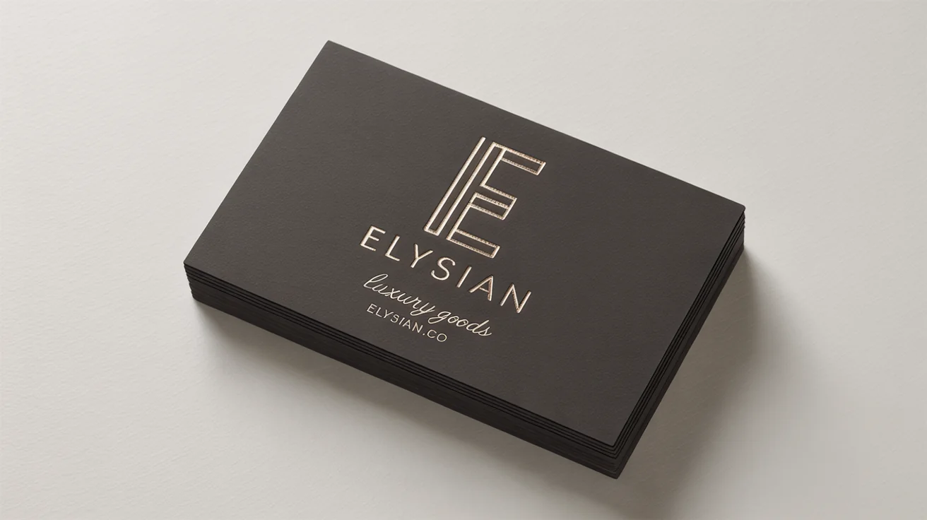 A close-up photograph of a premium charcoal business card featuring a logo and text stamped in shimmering, debossed gold foil, set against a clean white background.