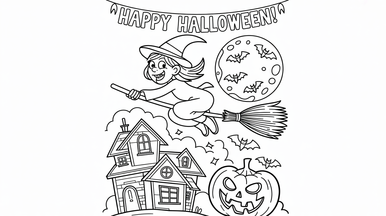 A beautifully colored-in Halloween coloring page showing a friendly witch, a haunted house, and a jack-o'-lantern, presented as a finished art project.