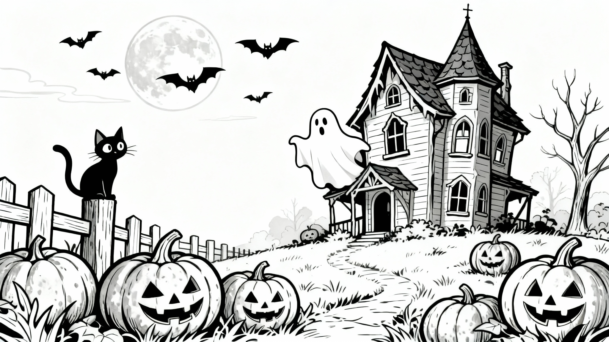A black and white line art coloring page for Halloween, featuring a whimsical haunted house, cute jack-o'-lanterns, a cat, and bats, all with bold outlines on a white background.