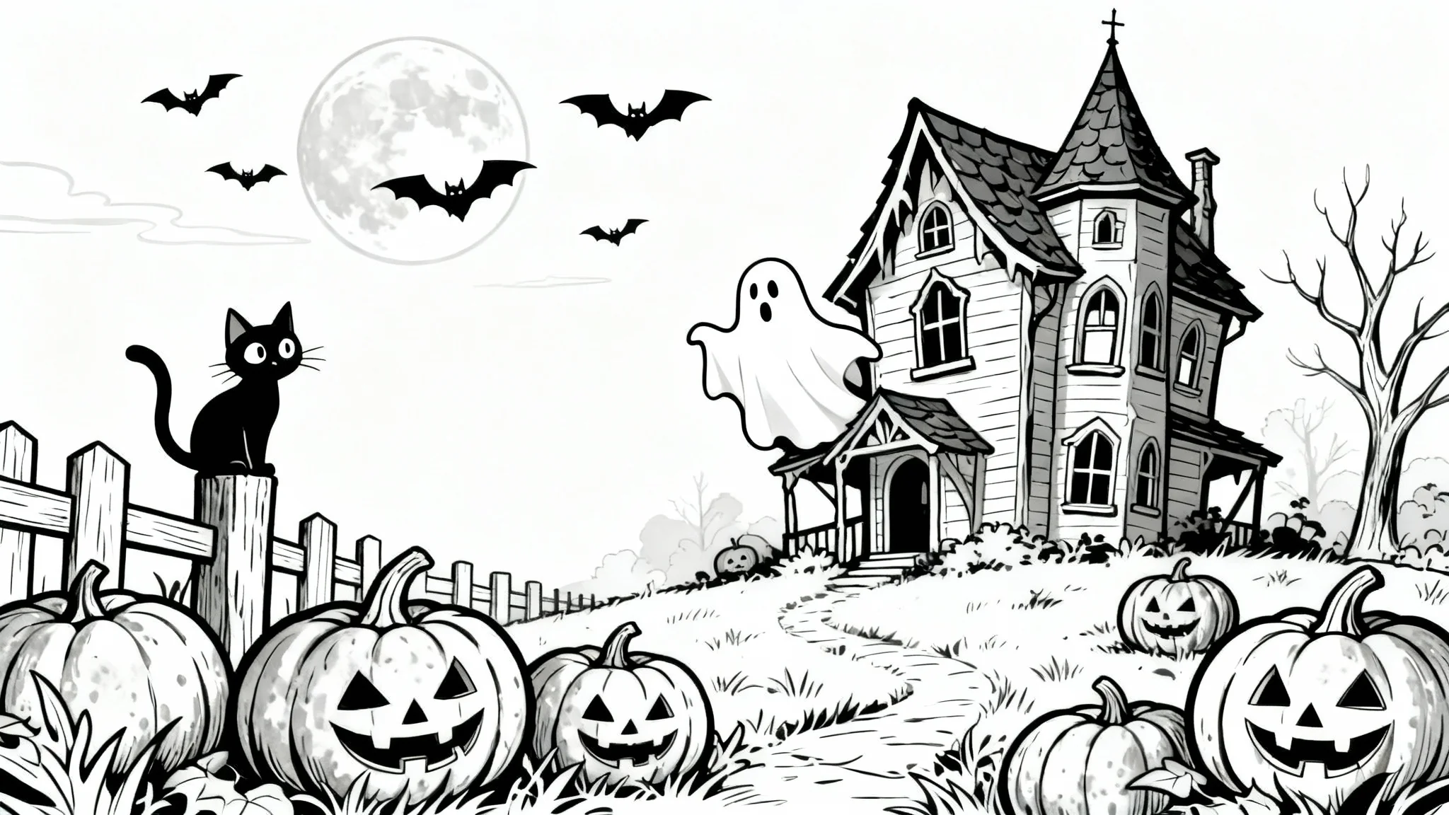 A black and white line art coloring page for Halloween, featuring a whimsical haunted house, cute jack-o'-lanterns, a cat, and bats, all with bold outlines on a white background.