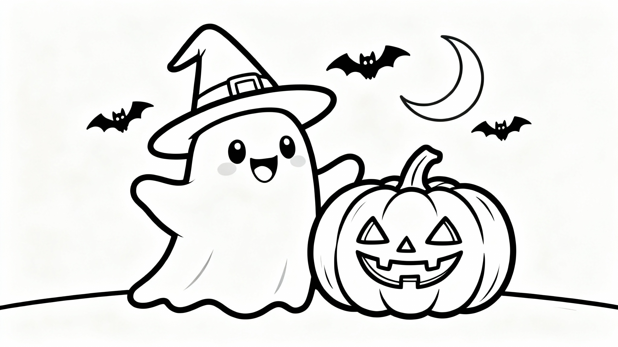 A black and white line drawing of a Halloween coloring page featuring a cute ghost in a witch's hat and a smiling jack-o'-lantern.