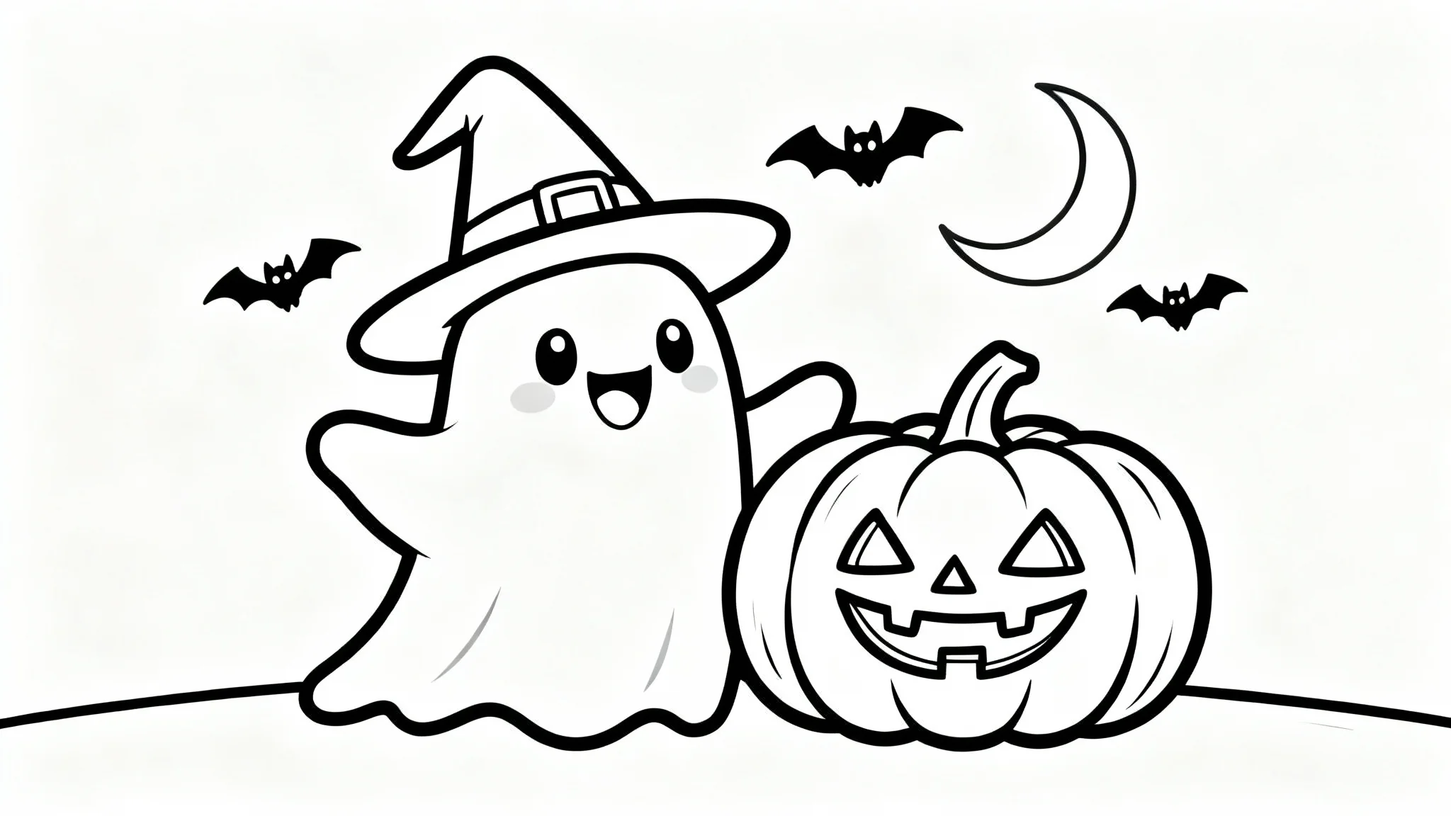 A black and white line drawing of a Halloween coloring page featuring a cute ghost in a witch's hat and a smiling jack-o'-lantern.