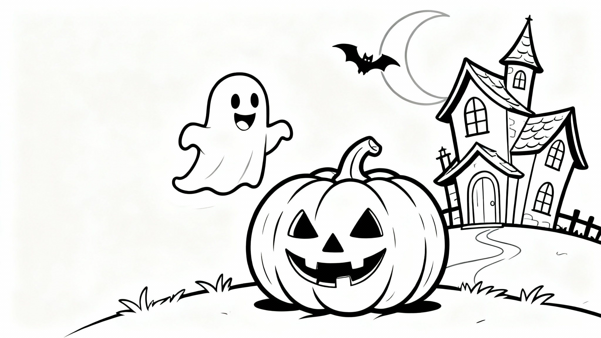 A black and white line art coloring page for Halloween, featuring a cute haunted house, a friendly ghost, and a smiling jack-o'-lantern on a white background.