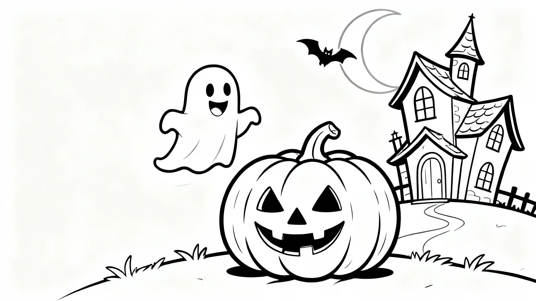 A black and white line art coloring page for Halloween, featuring a cute haunted house, a friendly ghost, and a smiling jack-o'-lantern on a white background.