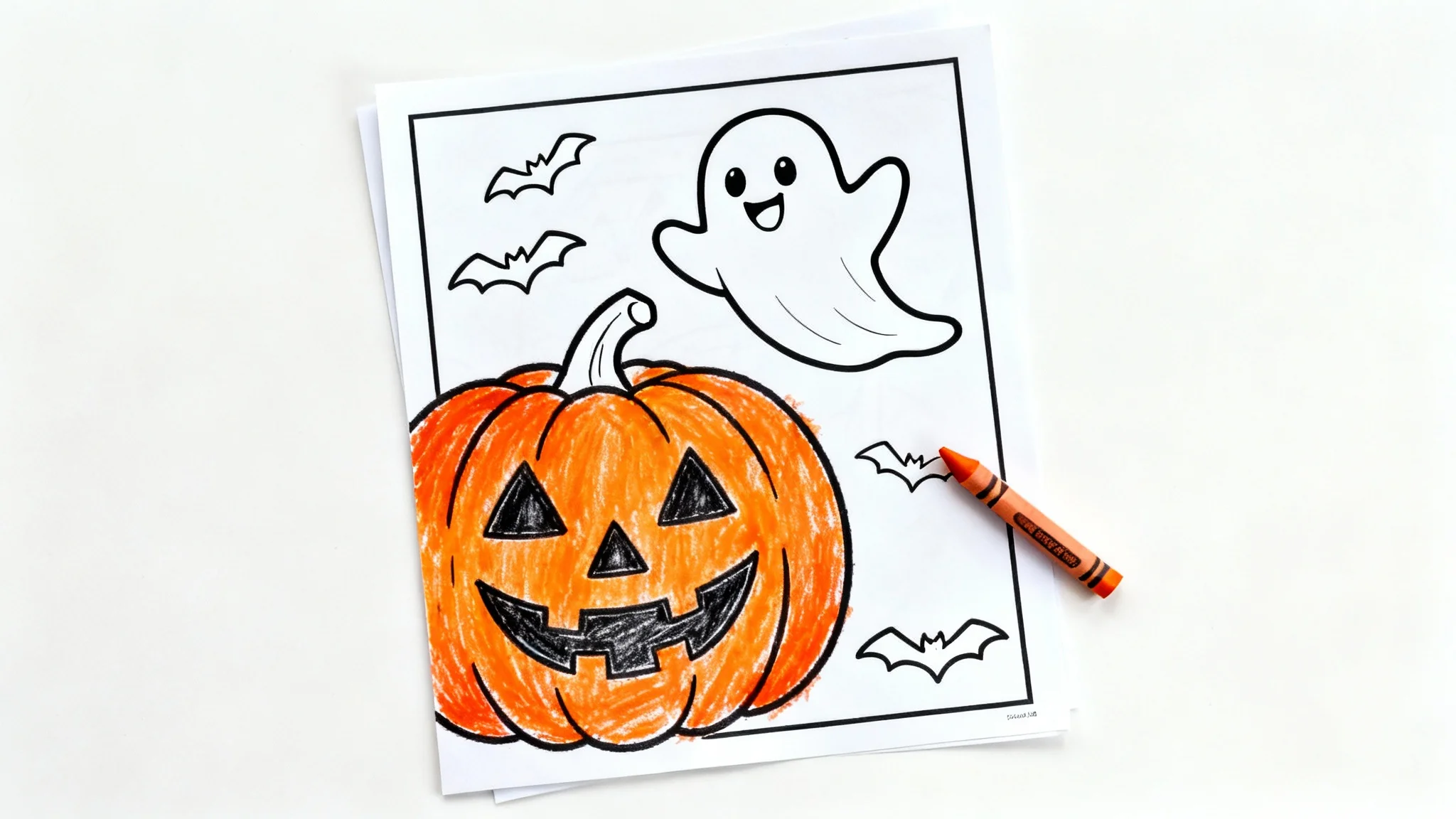 A mockup of a children's Halloween coloring page on a white background, showing a friendly ghost and jack-o'-lantern, with the pumpkin partially colored orange.