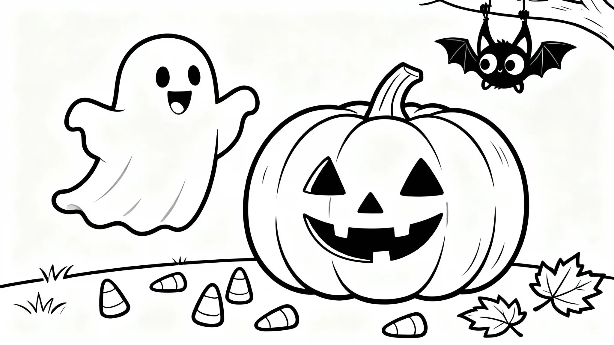 A black and white line-art illustration of a Halloween coloring page, showing a friendly ghost, a smiling jack-o'-lantern, and a cute bat, all ready to be colored.