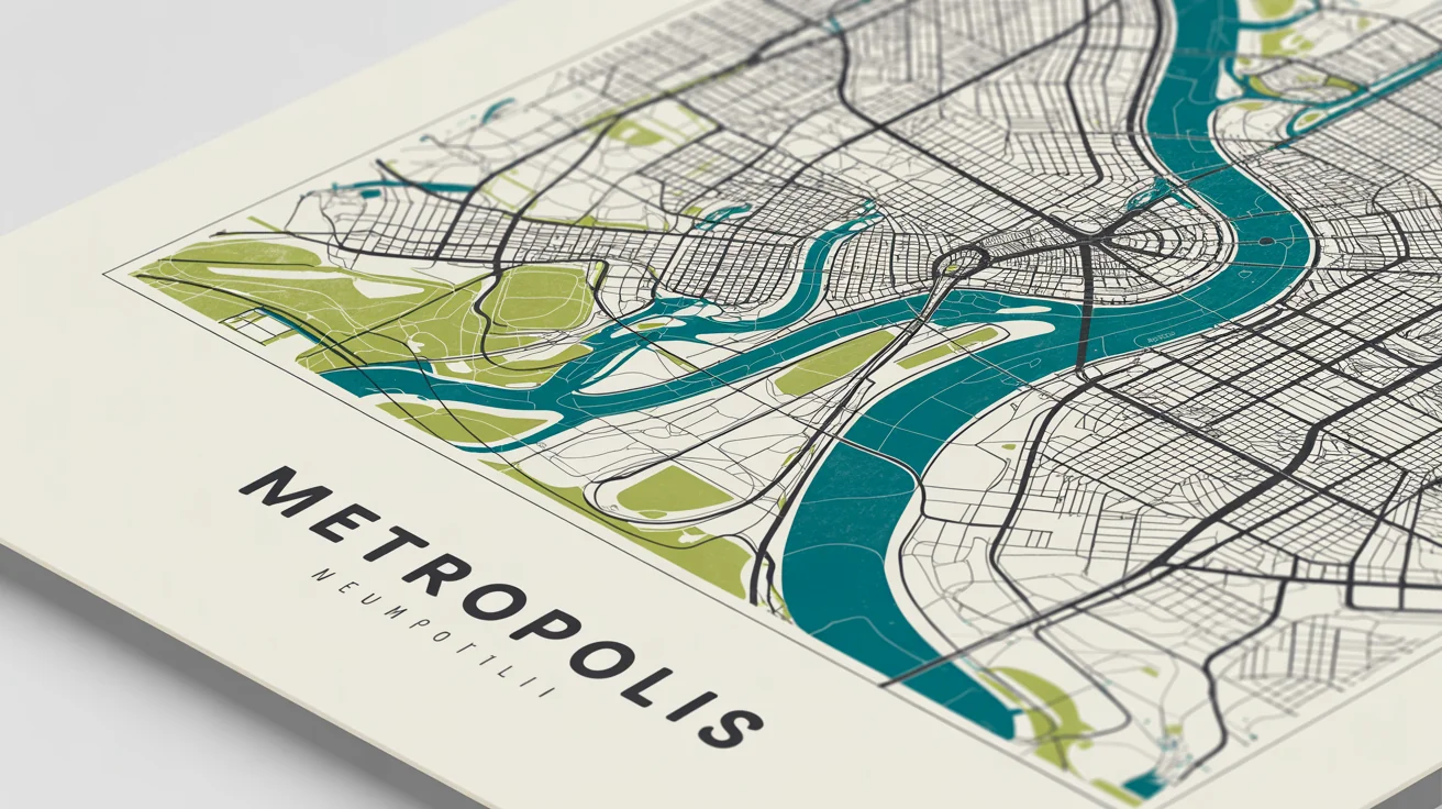 A minimalist art print of a city map, featuring black street lines, a vibrant teal river, and the title 'METROPOLIS' on a clean background.