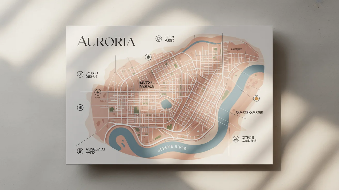 A modern and stylish mockup of a fictional city map named 'Auroria', featuring clean lines, a color palette of blue and terracotta, and legible labels for districts and streets on a white background.
