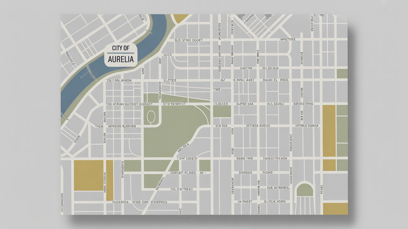 A modern, minimalist map of the fictional city of Aurelia, featuring clean lines, a color palette of green, blue, and grey, and legible labels for parks and districts, set against a white background.