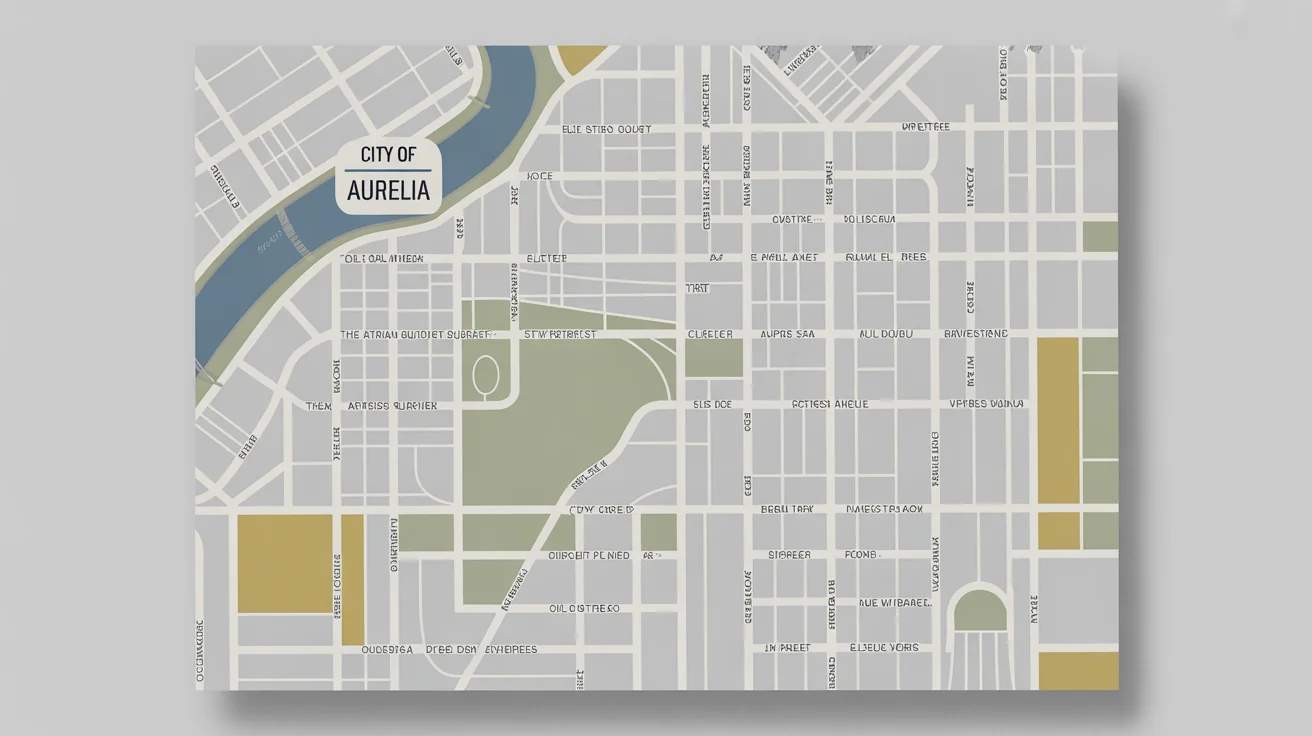 A modern, minimalist map of the fictional city of Aurelia, featuring clean lines, a color palette of green, blue, and grey, and legible labels for parks and districts, set against a white background.