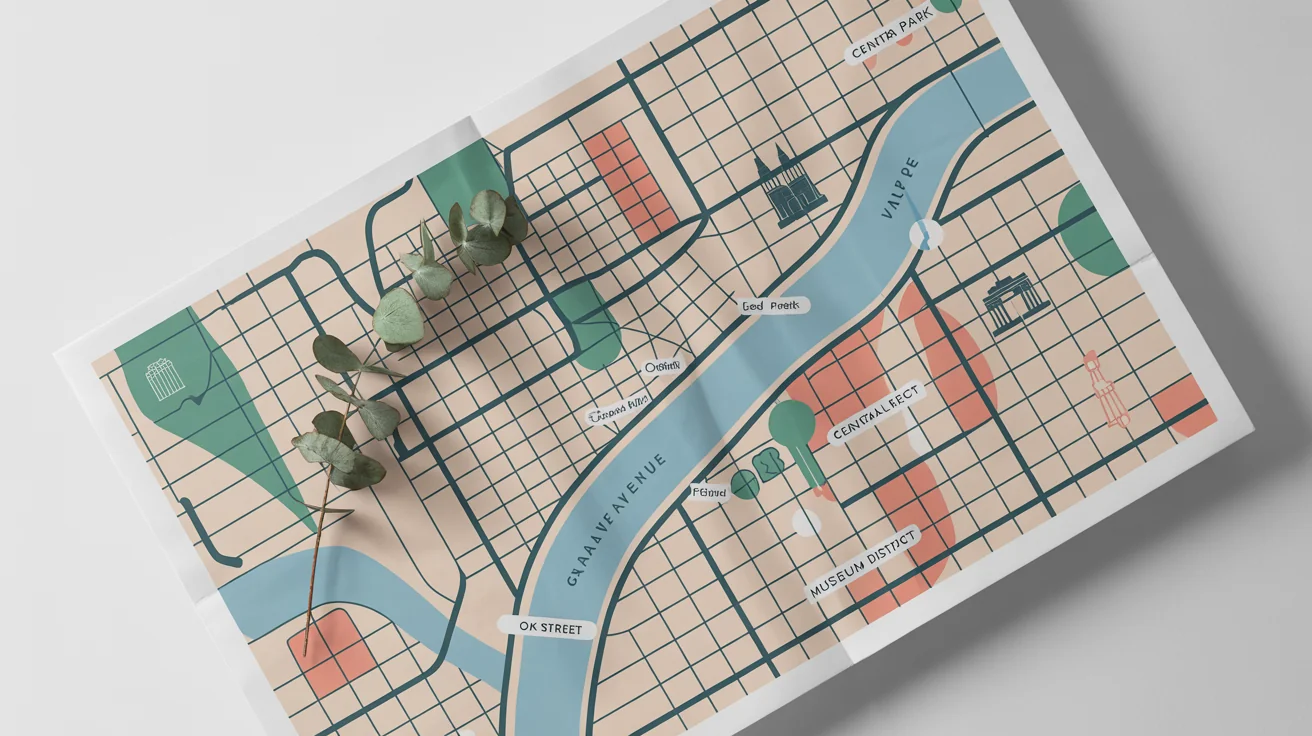 A modern, stylized mockup of a city map with clean lines and a color palette of teal, coral, and gray, displayed against a white background.