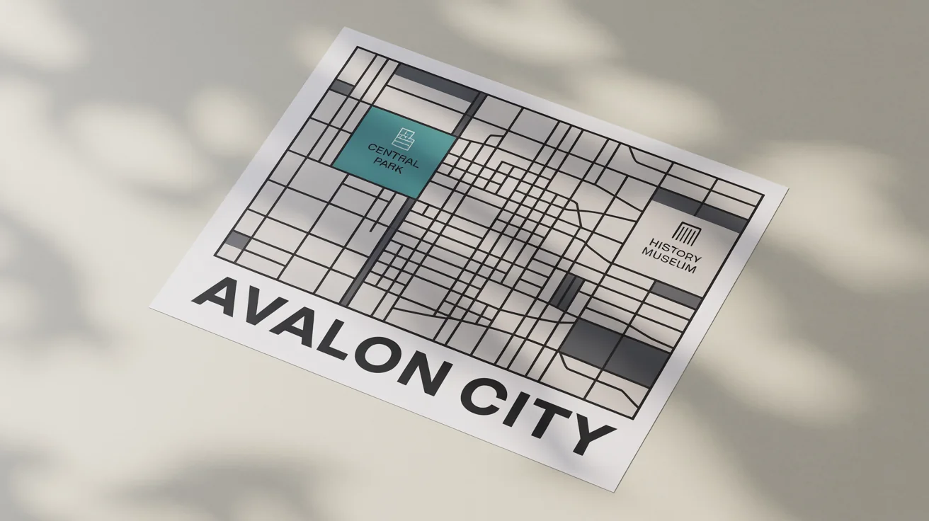 A modern, stylized mockup of a city map laid flat on a white background. The map uses black, gray, and teal, showing streets, parks, and landmarks with clean lines and simple icons.