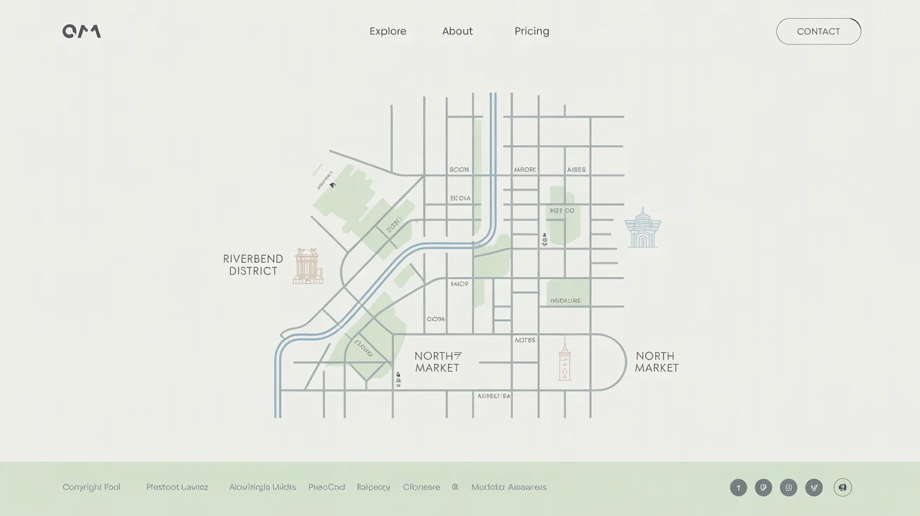 A minimalist and modern city map mockup with clean lines and a muted color palette, featuring fictional district names, displayed on a solid white background.