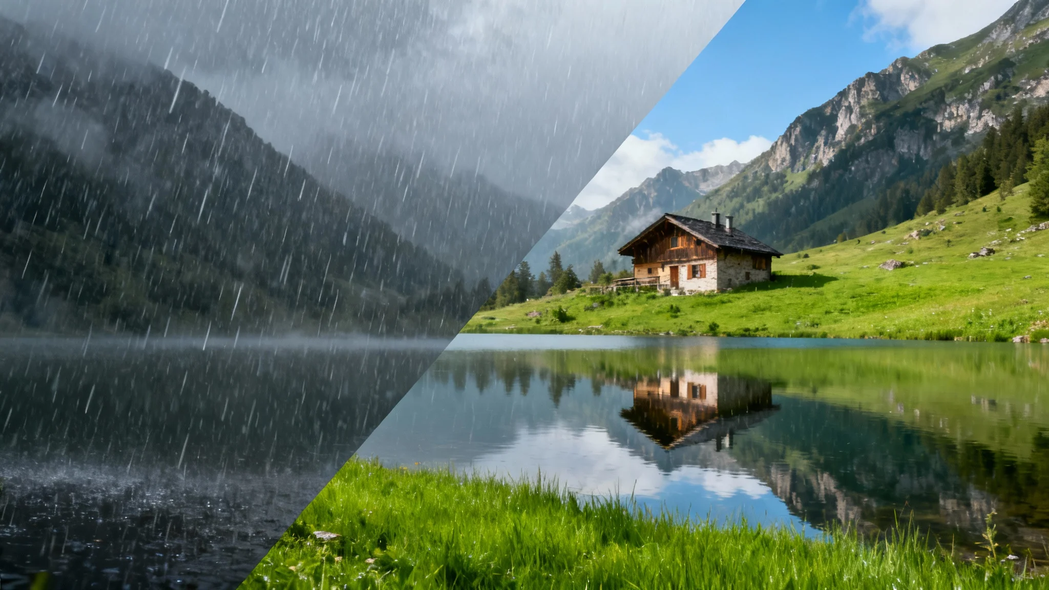 A dramatic before-and-after image showing the effect of an AI deraining tool on a landscape photo. The left side is blurry and obscured by rain, while the right side is perfectly clear, sharp, and vibrant.