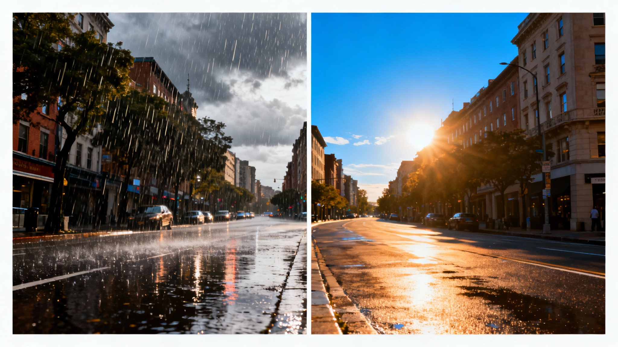 A split-screen image demonstrating an image deraining tool. The left side shows a city street during a heavy rainstorm, looking dark and wet. The right side shows the same street, but now it's bright, sunny, and completely dry.
