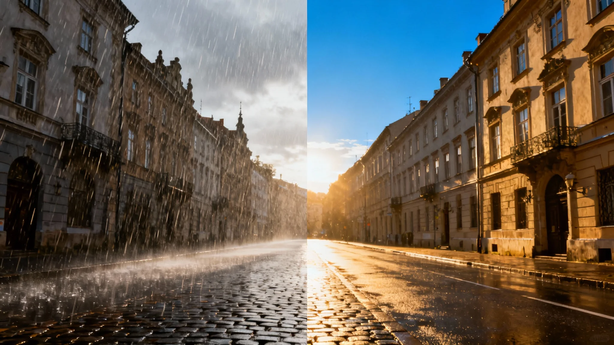 A split-screen image demonstrating an image deraining effect. The left side shows a city street blurred by heavy rain, while the right side shows the same street as a clear, sunny, and highly detailed photograph.