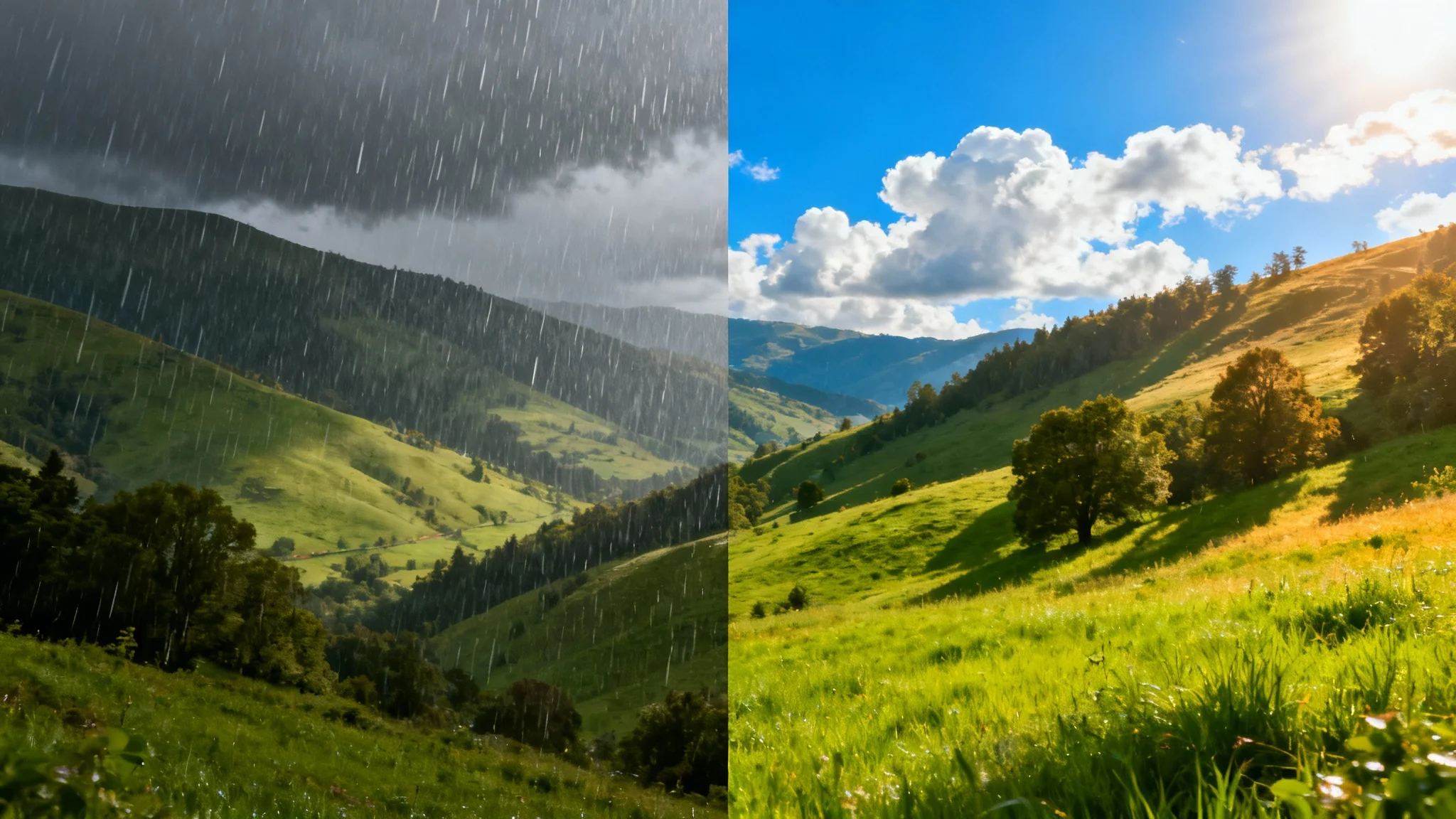 A 'before and after' split-screen image demonstrating image deraining. The left side shows a rainy, obscured landscape, while the right side shows the same landscape as sunny and clear.