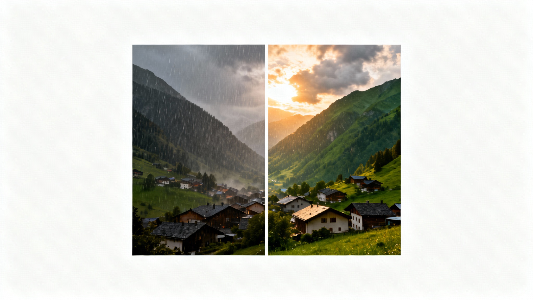 A split-screen comparison image showing the effect of image deraining. The 'before' side on the left shows a rainy, blurry mountain landscape. The 'after' side on the right shows the same landscape, but now it is clear, sunny, and sharp.