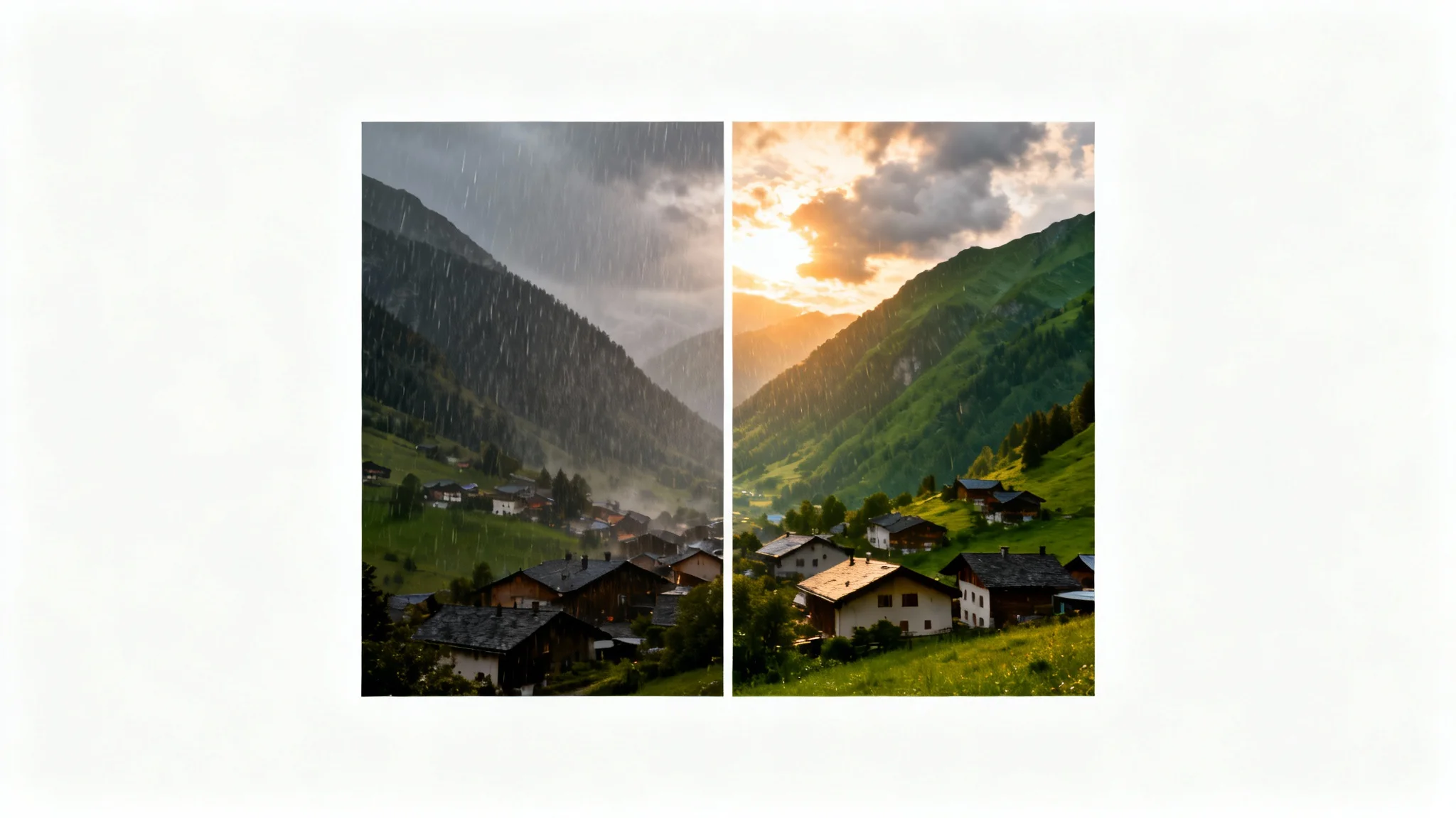 A split-screen comparison image showing the effect of image deraining. The 'before' side on the left shows a rainy, blurry mountain landscape. The 'after' side on the right shows the same landscape, but now it is clear, sunny, and sharp.