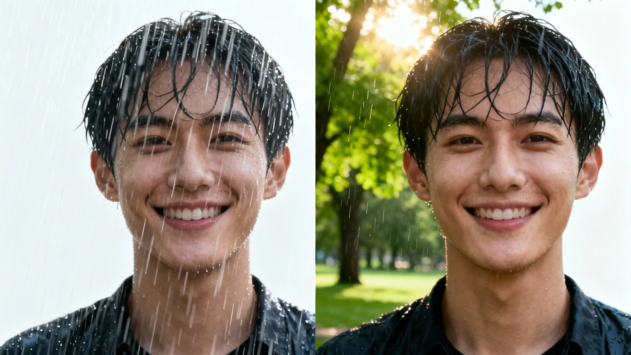 A split-screen comparison photo showing the 'deraining' effect. The left side shows a blurry, rainy portrait of a person in a park. The right side shows the same portrait, but crystal clear and sunny, with all the rain removed.