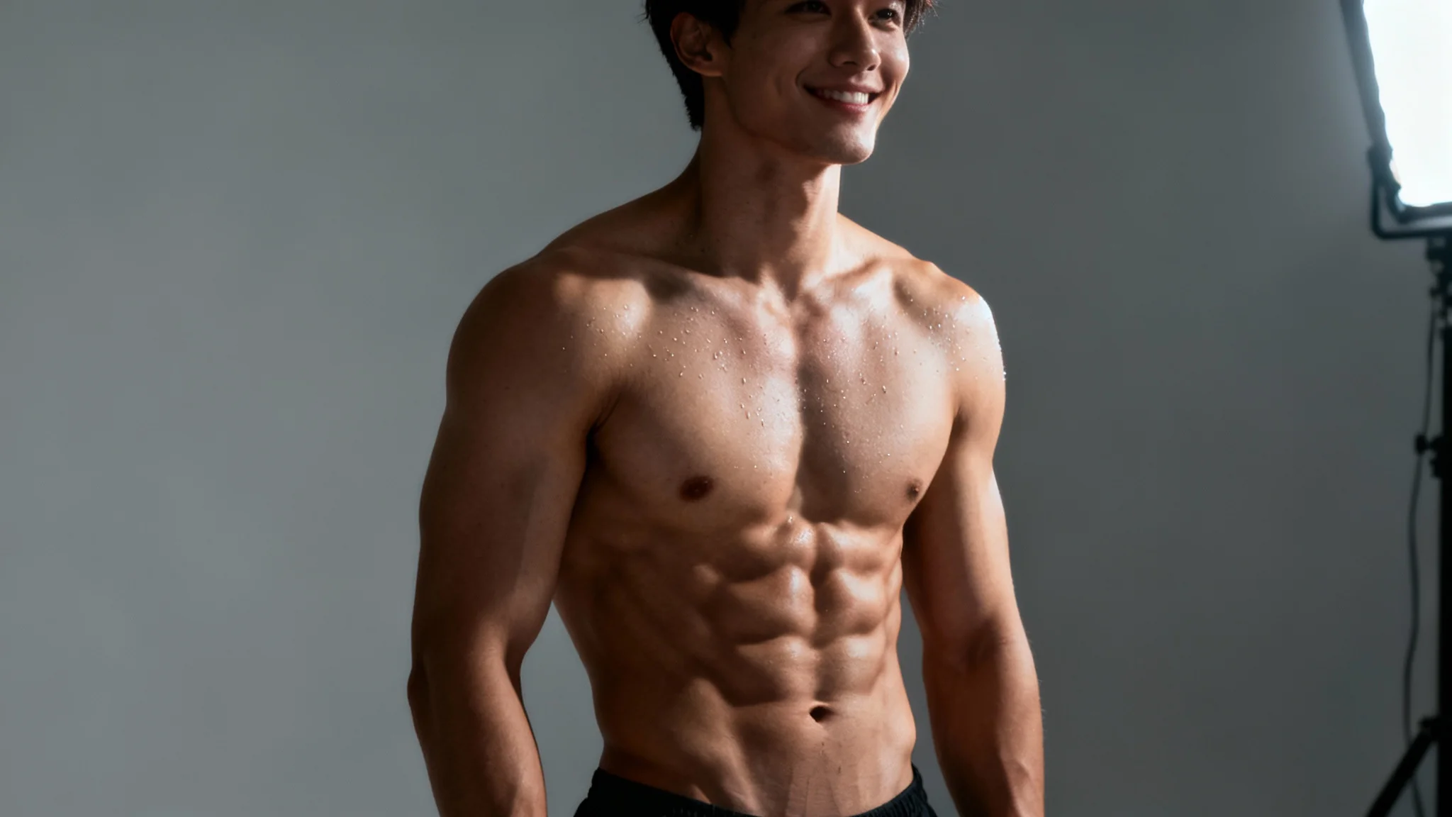 A close-up shot of a man's torso showing realistic and well-defined six-pack abs, representing the final result of a photo editing tool.