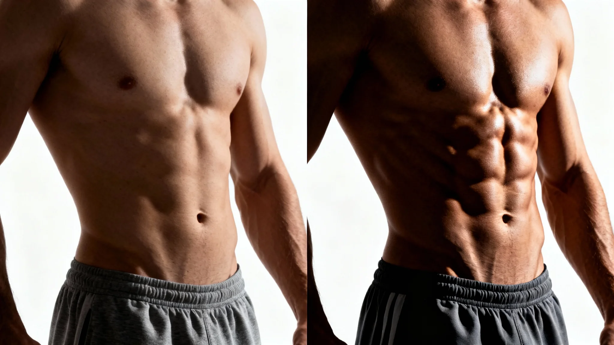 A before-and-after comparison photo. The left side shows a man's stomach without defined abs, and the right side shows the same stomach with realistic, digitally added six-pack abs.