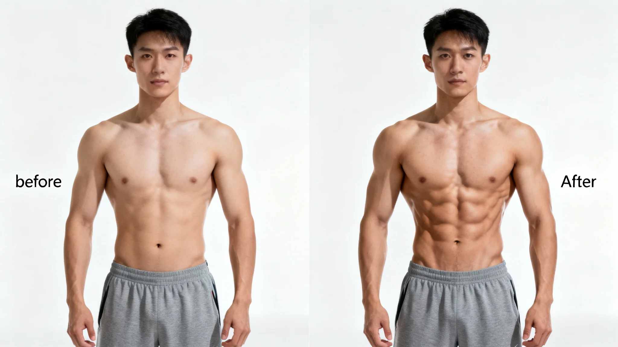 A before-and-after comparison image showing a man's torso. The left side shows a regular stomach, and the right side shows the same torso with digitally added, well-defined six-pack abs.