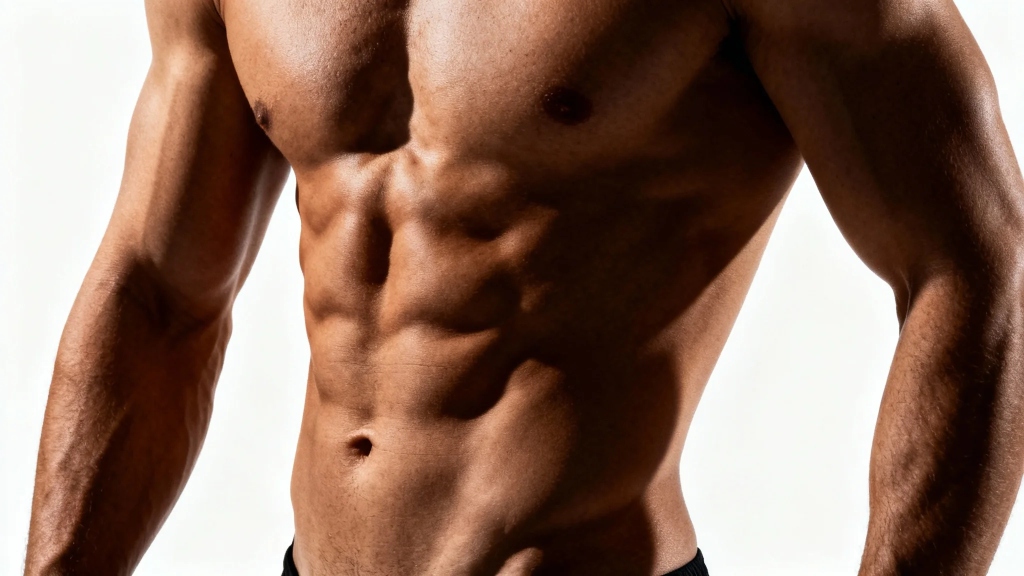 A close-up photorealistic image of a fit male torso with highly defined six-pack abs, showcased against a stark white background.