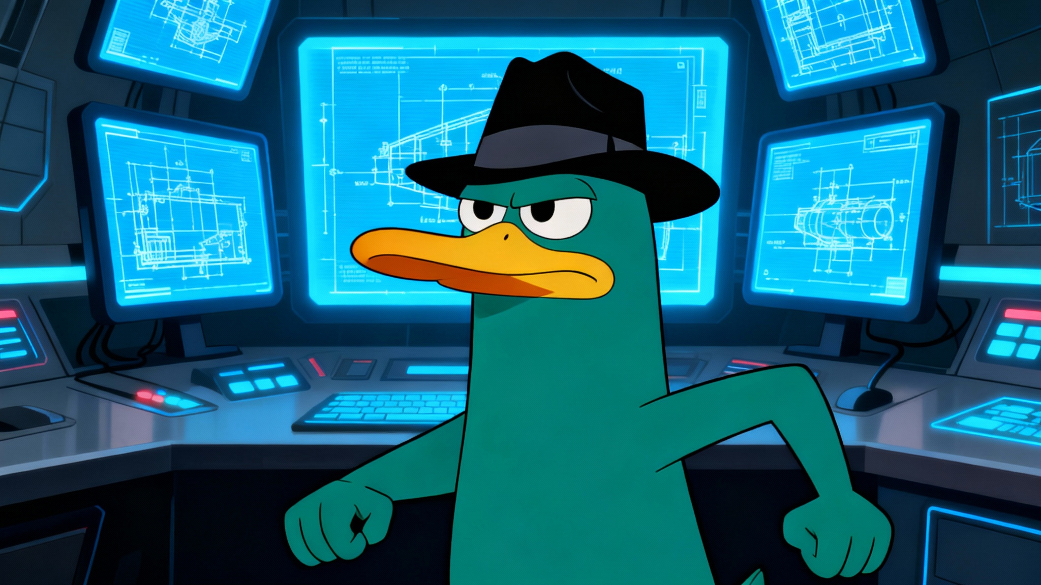 A finished graphic design showing a cutout of Perry the Platypus placed into a new background of a high-tech secret lair, representing the final result of a design tool.
