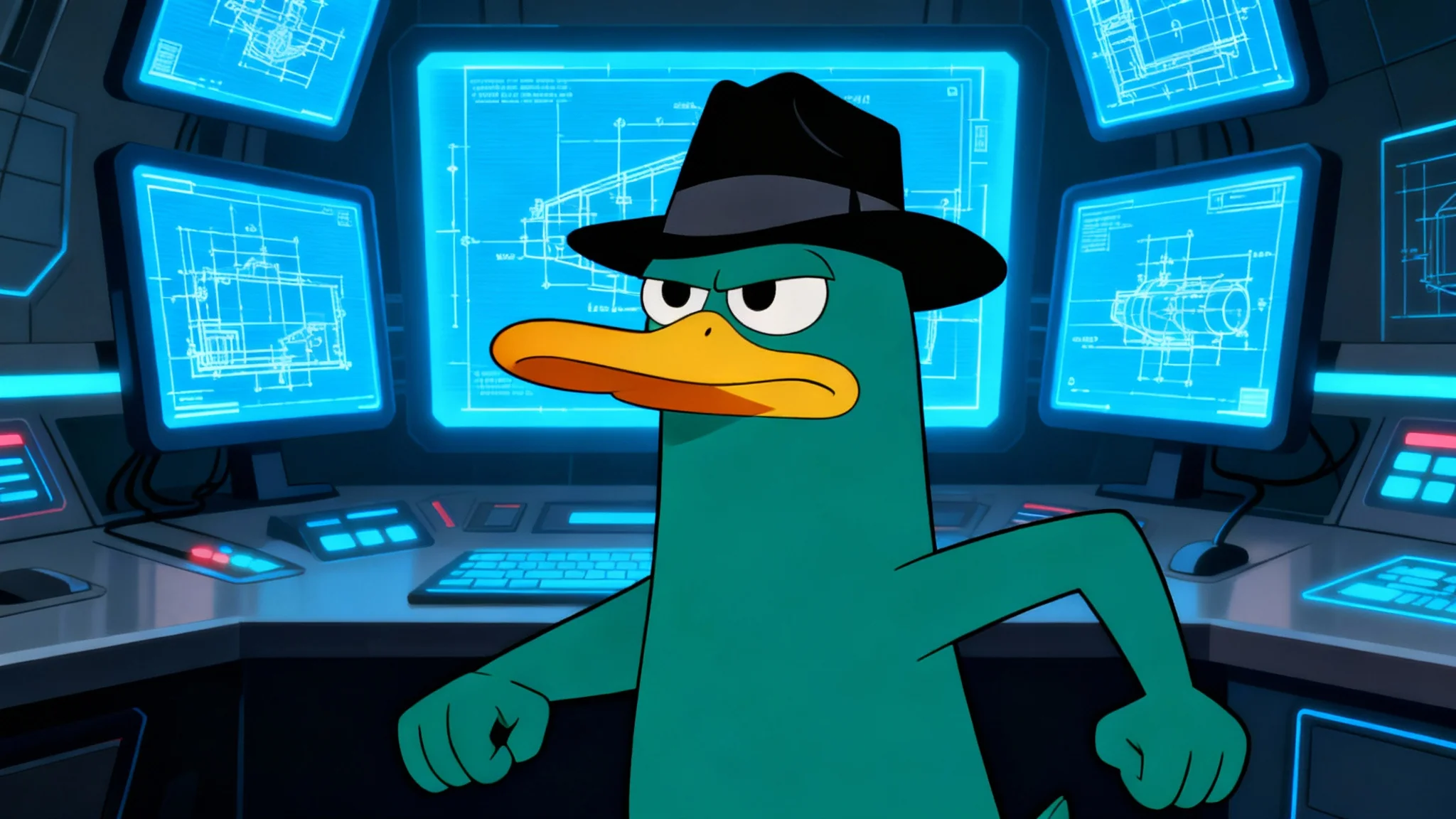 A finished graphic design showing a cutout of Perry the Platypus placed into a new background of a high-tech secret lair, representing the final result of a design tool.