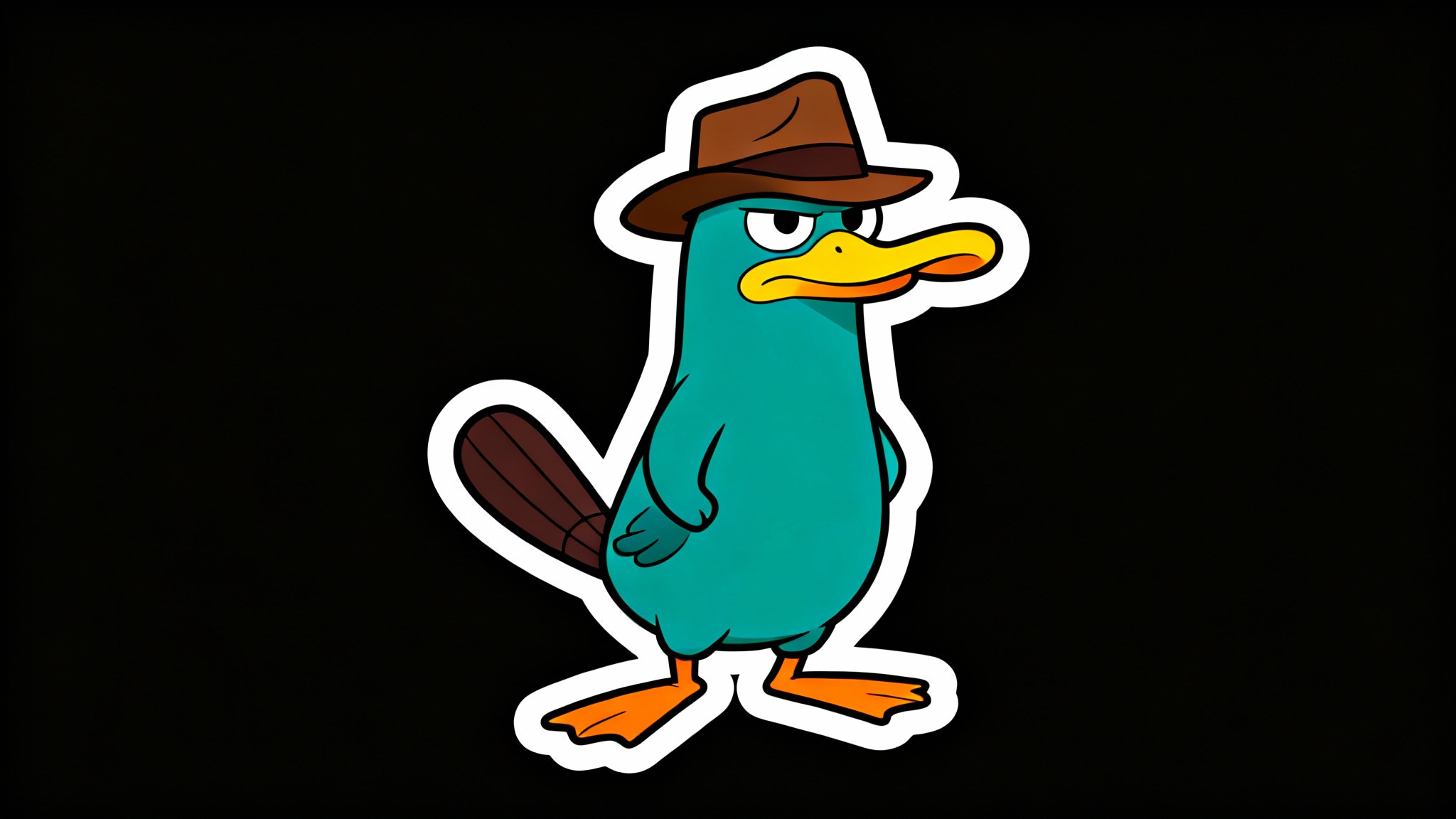 A full-body digital illustration of Perry the Platypus as Agent P, standing in his secret agent pose with his fedora on. The character has a thick white border, resembling a cutout, and is placed on a plain white background.